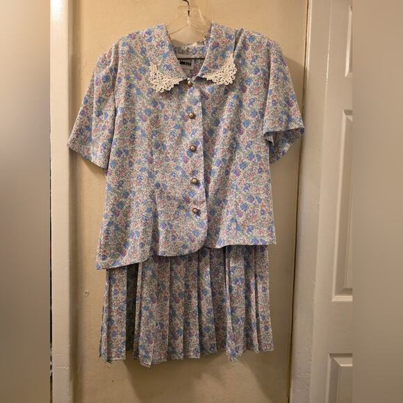 Vtg 80s Floral Print  Two Piece Skirt Set  Peter Pan Collar Ornate Buttons 16 - Picture 11 of 12